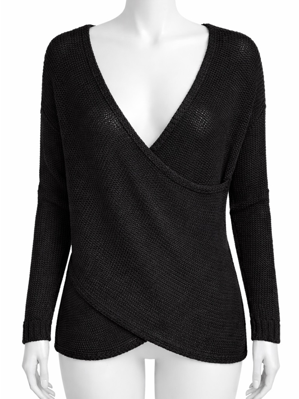 Design Lab Lord & Taylor Black V-Neck Wrap Open Knit Sweater